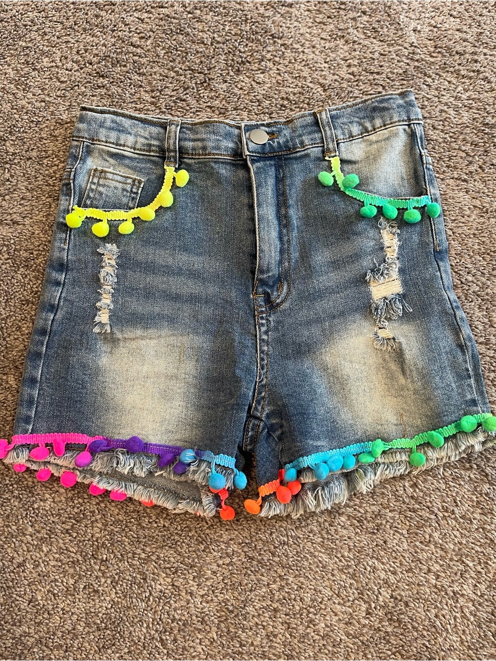 Women’s Rainbow Pom Pom Denim Shorts – Size 2 / 26” Waist